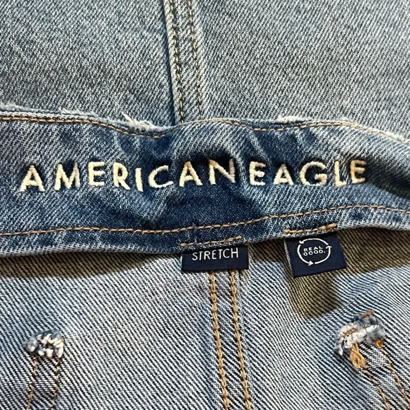 American Eagle Button Front Denim Mini Skirt Size 16 Stretch Raw Hem - Picture 7 of 8